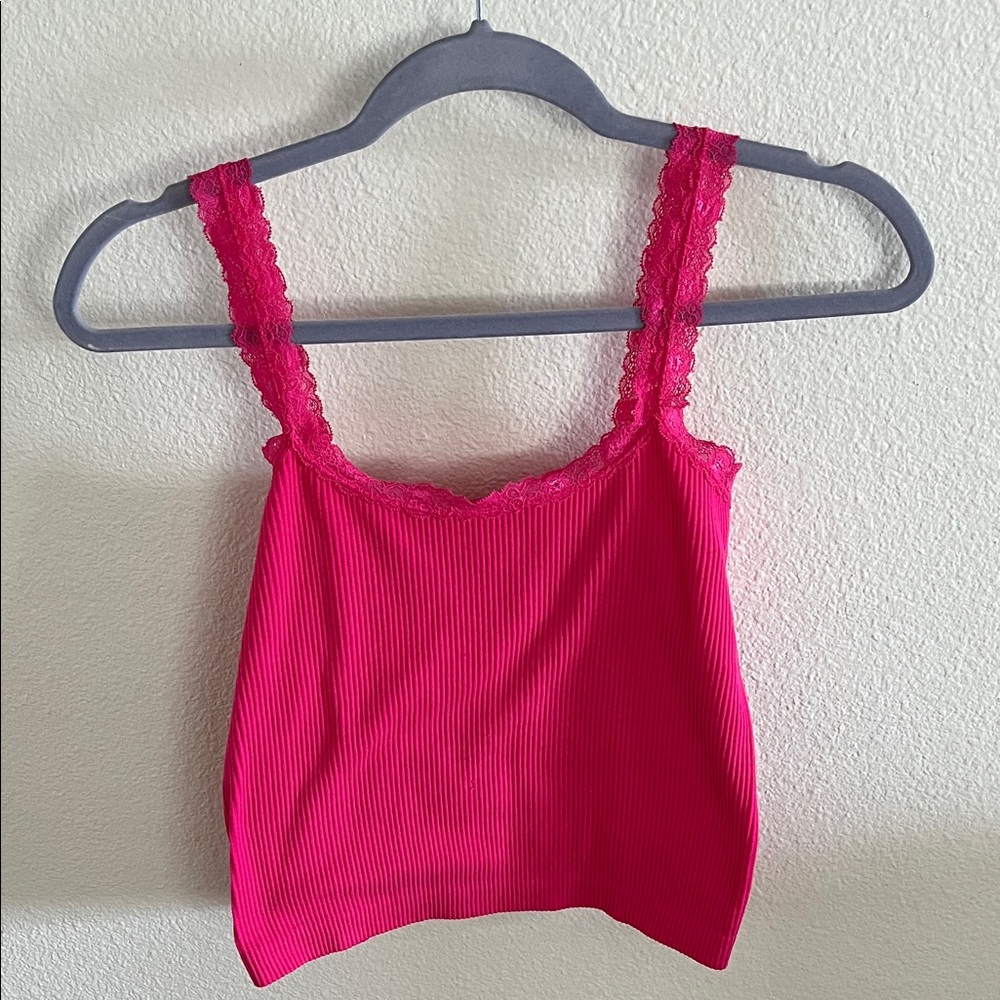 Pink Lace Trim Tank Top